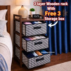 🎯3 Layer Wooden Rack with 3 Printed Storage Box (৩ লেয়ার কাঠের রেক সাথে ৩টি প্রিন্টেড স্টোরেজ বক্স।)