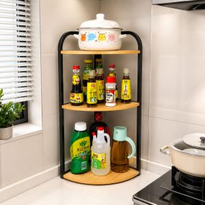 3-Layer Corner Kitchen Rack | MS Metal + Mahogany Wood | Kitchen Organizer for Spices, Oil & Cookware