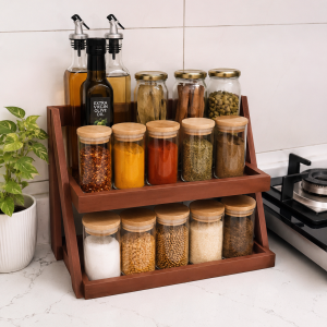2-layer Wooden Kitchen Rack Organizer – Multipurpose Storage Shelf for Spices, Oil Bottles & Jars